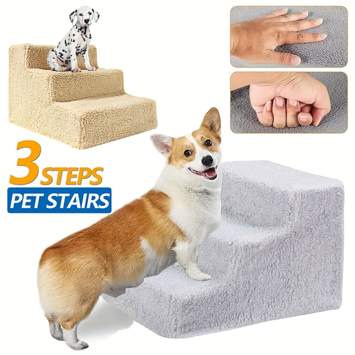 3-Step Wool Felt Pet Stairs for Small Dogs & Cats - Portable Ramp with Non-Slip Removable Cover - rarefrenchies 