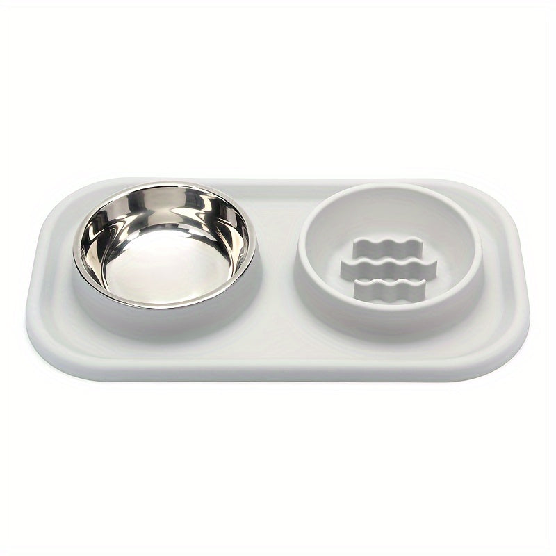 Small to Medium Pet Dual Bowl Slow Feeder with Stainless Steel Bowls and Non-Slip Silicone Mat - rarefrenchies 