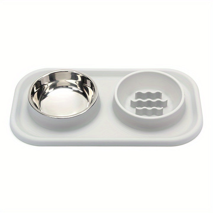 Small to Medium Pet Dual Bowl Slow Feeder with Stainless Steel Bowls and Non-Slip Silicone Mat - rarefrenchies 
