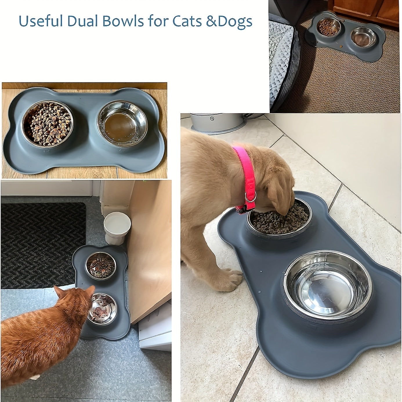 2-in-1 Dog Feeding & Watering Station, Thermoplastic Rubber Pet Bowl Mat with Stainless Steel Dual Bowls - rarefrenchies 