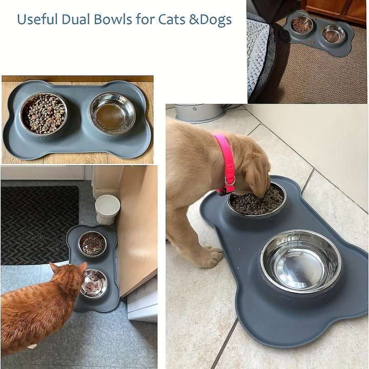 2-in-1 Dog Feeding & Watering Station, Thermoplastic Rubber Pet Bowl Mat with Stainless Steel Dual Bowls - rarefrenchies 
