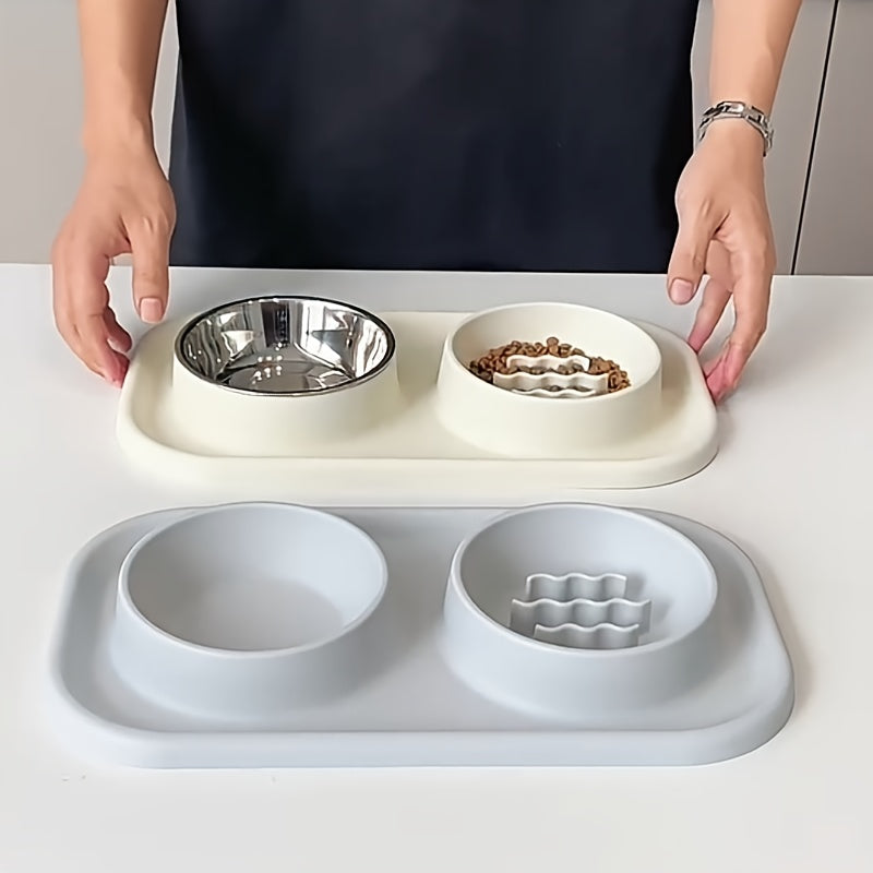 Small to Medium Pet Dual Bowl Slow Feeder with Stainless Steel Bowls and Non-Slip Silicone Mat - rarefrenchies 